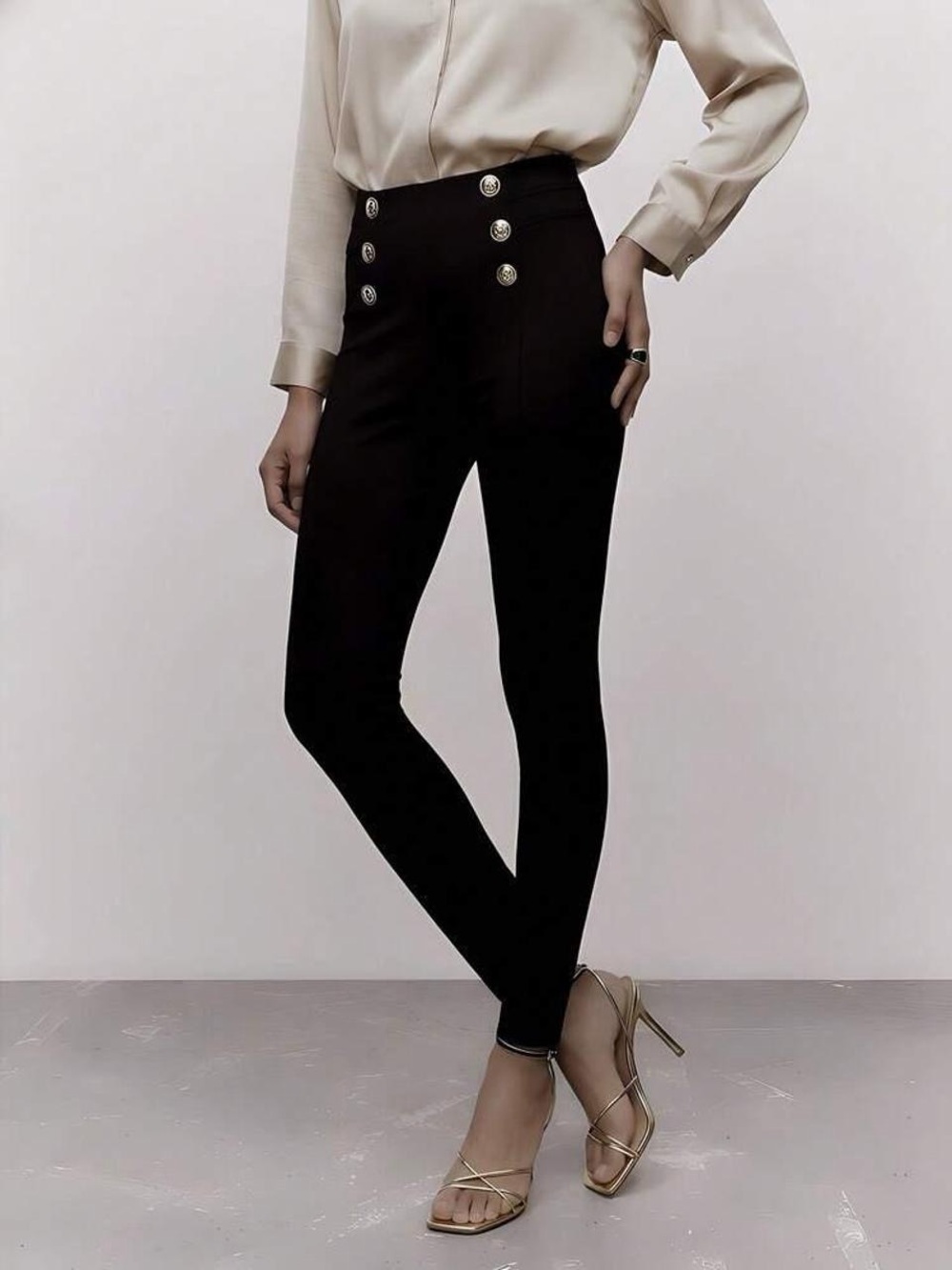Zara Black High-Rise Skinny Pants with Gold Buttons